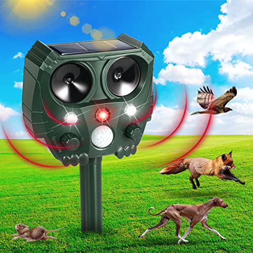 Ultrasonic Animal Repeller Solar Animal Deterrent with LED Flash Lights & Alarm Outdoor Waterproof Repellent for Cat Rodent Squirrel Dog Rabbit Raccoon Skunk Fox Deer