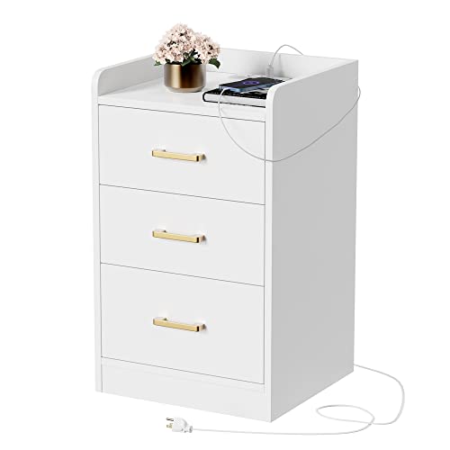 FOTOSOK White Nightstand with Charging Station, 3 Drawer Nightstand with Gold Handles, White Nightstand for Bedroom, Modern Design End Side Table for Living Room, Home, Office