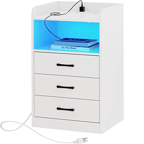 SUPERJARE Nightstand with LED Strip Light and Charging Station - 3 Drawers Bedroom End Table, 2 USB Ports, 2 Outlets, Bed Side Table with Remote, Open Storage, Metal Handles - White