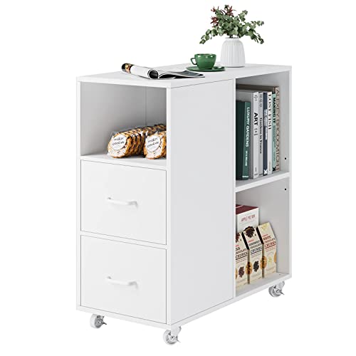 End Table with Drawer, Mobile Nightstand with Adjustable Shelf and Wheels, Modern Side Table, File Cabinet Storage Table for Home Office, Easy Assembly, White
