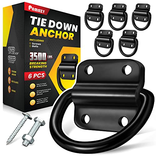 PAMAZY 6PCS Heavy Duty Steel D Rings Tie Down Anchors, Ultra Durable 3500 Pound Breaking Strength Surface Mount Hooks Securing Cargo for Trailer, Truck Bed, with Screws & Bolts