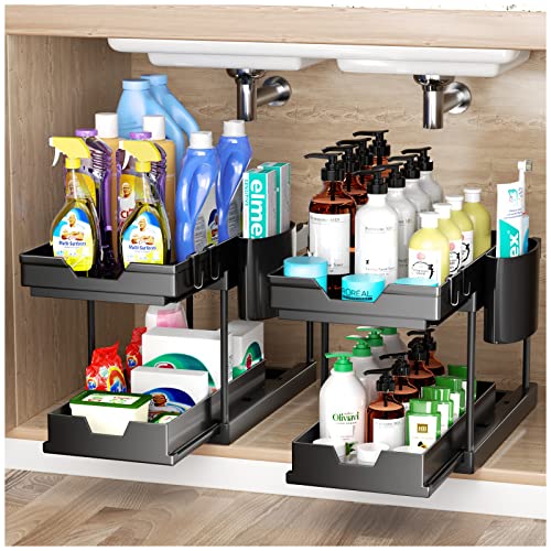 ARSTPEOE Double Sliding Under Sink Organizers and Storage,Two Tier Bathroom Storage and organization,Under Cabinet Organizer with Hooks Hanging Cup,Home Organization,Black