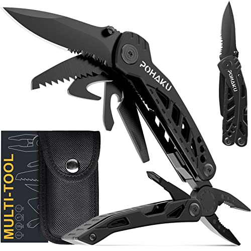 Multitool Knife, Pohaku 13 in 1 Pocket Multitool, Multi Tool with 3" Large Blade, Safety Locking Design, Spring-Action Plier, Durable Nylon Sheath for Outdoor, Camping, Fishing, Survival,Hiking