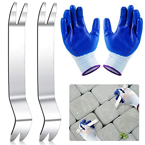 2 Pieces Paver Tool Stainless Steel Paver Extractor Tool Paver Removal Tool Paver Lifting Tool Nitrile Work Gloves Rubber Latex Work Gloves for Garden Lawn Yard Patio Blocks Construction