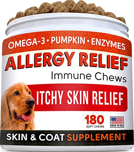 Allergy Relief Dog Treats w/Omega 3 + Pumpkin + Enzymes + Turmeric - Itchy Skin Relief - Immune & Digestive Supplement - Skin & Coat Health - Anti-Itch & Hot Spots -Dogs & Cats - 180ct Chicken Flavor