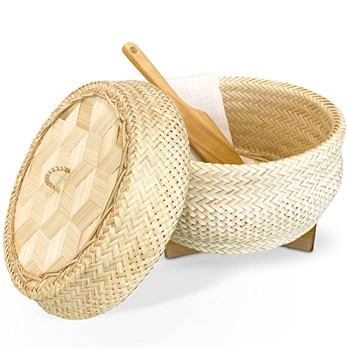 PANWA Handmade 100% Natural Thai Bamboo Sticky Rice Electric Cooker Steamer Set, Small Pot Insert ~ 6.5 Inch, Hewn Reed Wicker Woven Lid, 16 Cheesecloth Filter, and Wooden Spoon