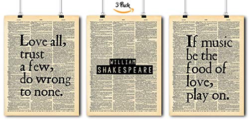 Famous Quotes Art - William Shakespeare- 3 Print Set - Vintage Dictionary Print 8x10 Home Vintage Art Prints Wall Art for Home Decor Wall Decorations For Living Room Bedroom Office William Shakespeare