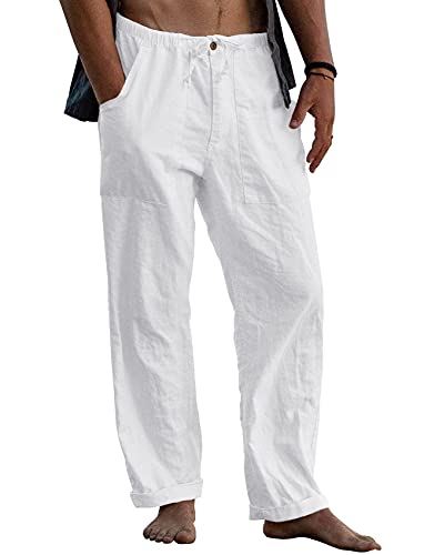 Gafeng Mens Linen Pants Yoga Beach Loose Fit Casual Summer Elastic Waist Drawstring Baggy Trousers with Pockets White