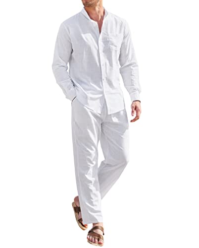 COOFANDY Mens White Beach Shirt And Pants Casual Long Sleeve V-Neck Beach Shirt And Elastic Drawstring Trousers(White L