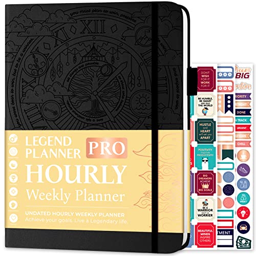 Legend Planner PRO Hourly Schedule Edition - Undated Deluxe Weekly & Daily Organizer with Time Slots. Time Management Appointment Book Journal for Work & Personal Life, A4 Size Hardcover - Black