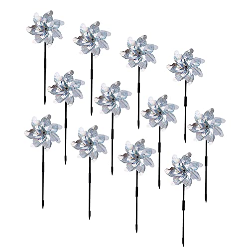 BATTIFE 12 Pack Pre-Assemble Sparkly Reflective Pinwheels | Bird Blinder Pin Wheel | Scare Birds & Animals Away | Wind Spinner for Yard and Garden