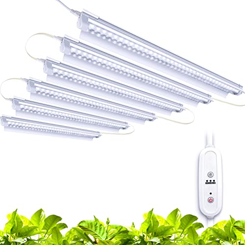 Monios-L T8 LED Grow Light 2FT, Plant Grow Light Strip with 9/12/15H Timer, 5000K Daylight White, 144W(624W) High Output, Full Spectrum Sunlight Replacement with Reflectors for Indoor Plant, 6-Pack