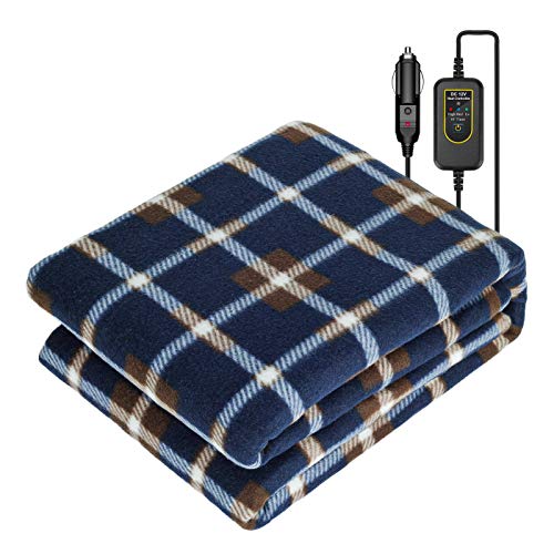 Car Electric Heated Blanket, 12V Cigarette Lighter Plug In Portable Emergency Heating Blanket, Small Fleece Car Warming Blanket, Winter Essential Accessories for Car Travel Camping SUV RV (Blue&White)