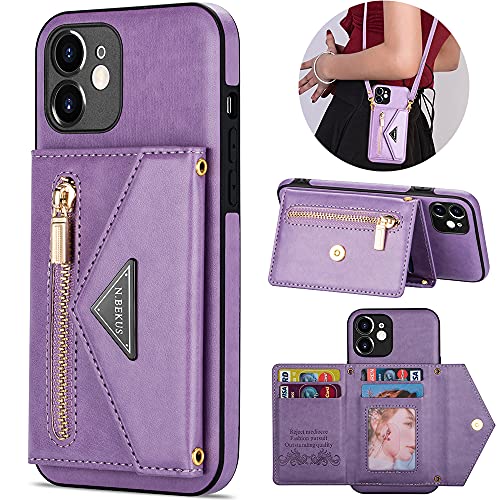 KUDEX Crossbody Slim Wallet Cases for iPhone 13,Slim Fit Leather Flip Magnetic Shoulder Strap Lanyard Wallet Case with Card Holder Zipper Stand for Women Girls Compatible with iPhone 13(Purple)