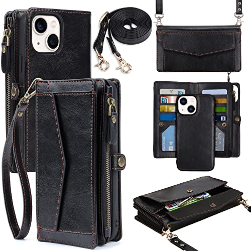 DKDKSIP for iPhone 13 Wallet Case (6.1 inch), [RFID Blocking] Multi-Function 2 in 1 Detachable Magnetic Case, PU Leather Zipper Purse with Crossbody Wristlet Strap Card Holder for iPhone 13, Black