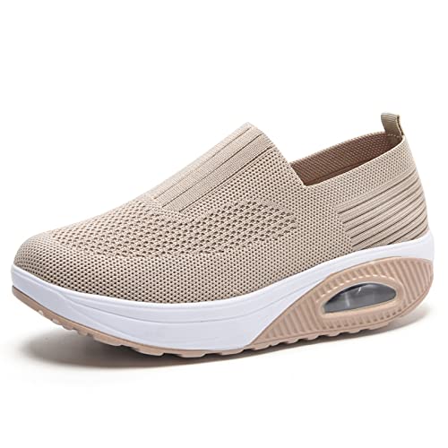 Touchmosees Women Air Cushion Slip-on Walking Shoes Orthopedic Diabetic Walking Wedge Sneaker Ladies Toning Rocker Shoes 2266-Beige-40