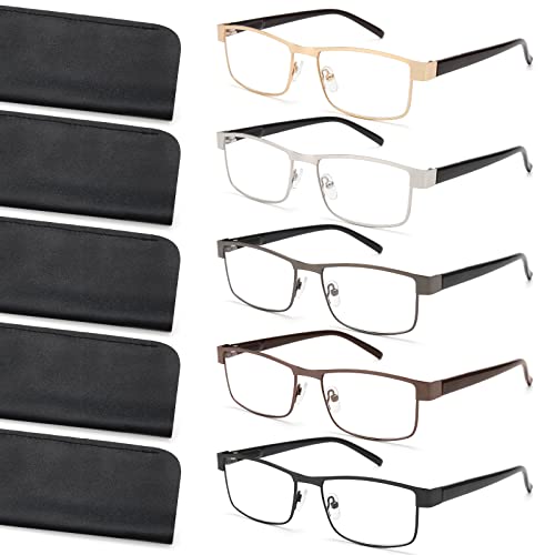 Reading Glasses for Men Blue Light Blocking, Metal Readers Anti Eye Strain/Migraine Computer Eyeglasses 5 Packs/Soft Cases (Brown/Black/Silver/Gunmetal/Gold 1.5)