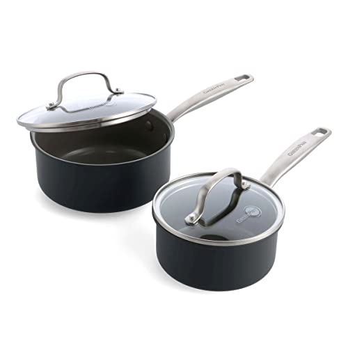 GreenPan Chatham Hard Anodized Healthy Ceramic Nonstick, 1.5QT and 3QT Saucepan Set with Lids, PFAS-Free, Dishwasher Safe, Oven Safe, Gray