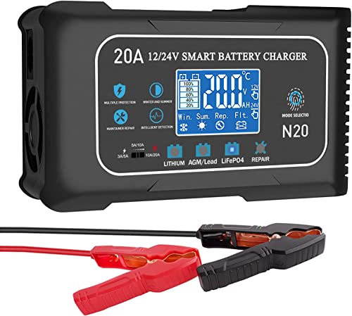 20-Amp Lifepo4 Lithium AGM Gel Smart Battery Charger, 12V/20A 24V/10A Trickle Charger, Maintainer for car Boat Motorcycle, Lawn Mower