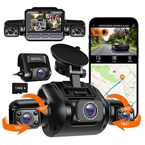 HUPEJOS 360 Dash Cam, 4 Channel Camera 2K Front +1080P*3 Left Right Rear, 5GHz WiFi GPS 4K Dash Camera for Cars, Voice Control, Front 4K+1080P*2,128GB Card, Night Vision, 24Hrs Parking Mode(V80-4CH)