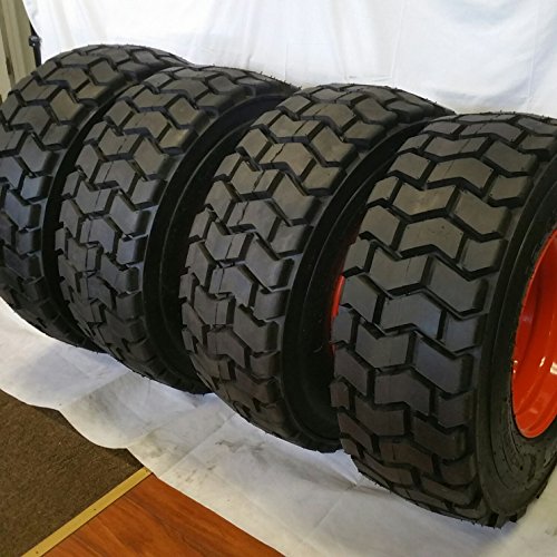 Set of Four (4) 12-16.5 ROAD CREW RS102 14 PLY Skid Steer Loader Tire with Orange Color Rims mounted, RS-102