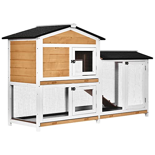 PawHut 2-Story Rabbit Hutch Wooden Bunny Hutch Cage Small Animal House with Ramp, No Leak Tray, Weatherproof Roof and Outdoor Run, Indoor/Outdoor, Yellow