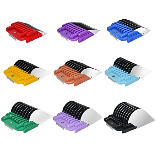 Professional Animal Stainless Steel Attachment 9 Color Guide Comb Set,Compatible with Andis, Oster A5, Wahl KM Series Clipper Detachable Blade Pet, Dog, Cat, and Horse Clippers