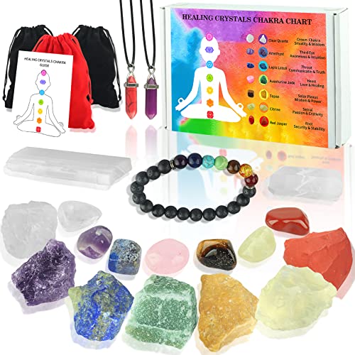 19Pcs Healing Crystals Stones Set Real Energy Crystals for Beginners, 7 Raw and 7 Tumbled Spiritual Chakra Stones, 1 Selenite Crystal, 1 Clear Crystal Column, 1 Lava Bracelet, 2 Agate Necklace