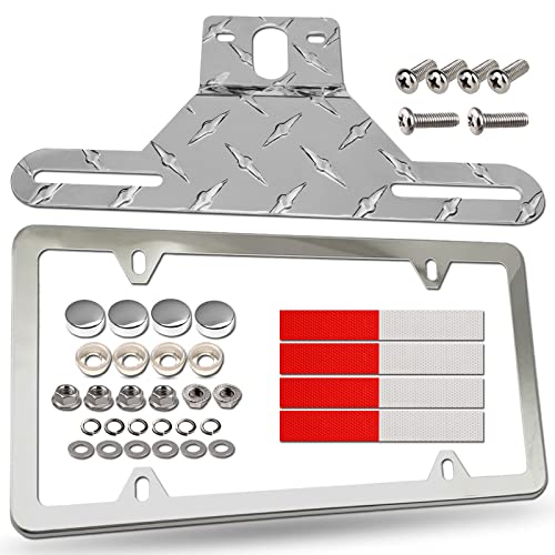 BGGTMO Trailer License Plate Bracket Holder- ATV/RVs/Boat/Jet Ski Utility Trailer Metal Car Tag Frame and Chrome Stainless Steel Cover Mounting Kit with Screw Caps