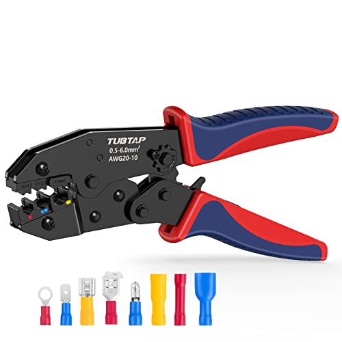 TUBTAP Wire Crimper Tool, Ratcheting Insulated Terminal Crimper for 10-20 AWG Wire, Available For Insulated Nylon Connectors and Electrical Wire Connectors