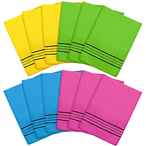 12 Pieces Korean Body Scrub Exfoliating Cloth Italy Towel Korean Style Exfoliating Mitt Korean Style Scrubbing Cloth Bath Body Exfoliating Scrub Towel(Yellow, Green, Blue, Pink, Small)