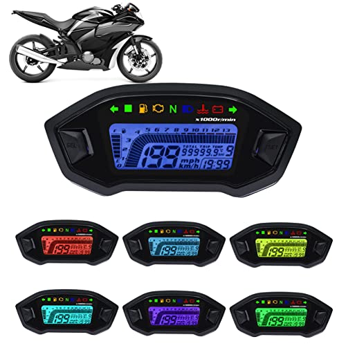 KAOLALI Motorcycle Speedometer Tachometer Universal 13000rpm LCD Digital Odometer Gauge Adjustable 7 Colors for 2,4 Cylinders