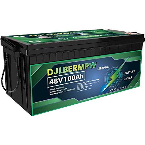 DJLBERMPW 48V 100Ah Lithium Battery 5120W Load Power LiFePO4 Batteries Built-in BMS Lithium Iron Phosphate Battery Over 4000+ Rechargeable Cycles, for RV,Trolling Motor,Golf Cart,Solar,Boat,Camper