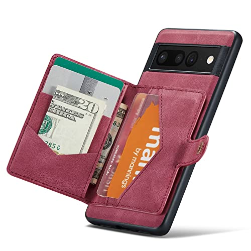 HXY Case for Google Pixel 7 2022, Detachable Magnetic Wallet Credit Card Cash Slot Case Cover Support Wireless Charging Functional Kickstand Compatible with Google Pixel 7 2022 (Red)