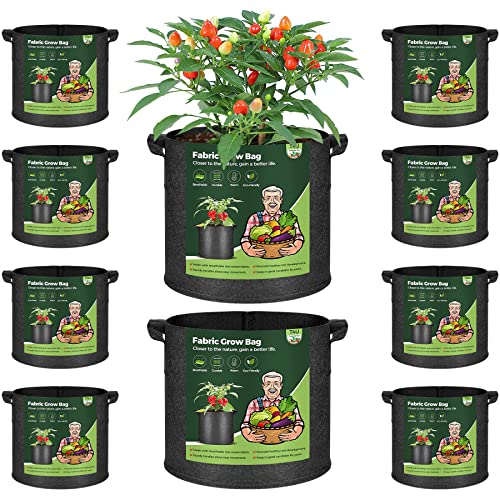 T4U Fabric Plant Grow Bags with Handles 5 Gallon Pack of 10, Heavy Duty Nonwoven Smart Garden Pot Thickened Aeration Nursery Container Black for Outdoor Potato, Tomato, Chili, Carrot and Vegetables