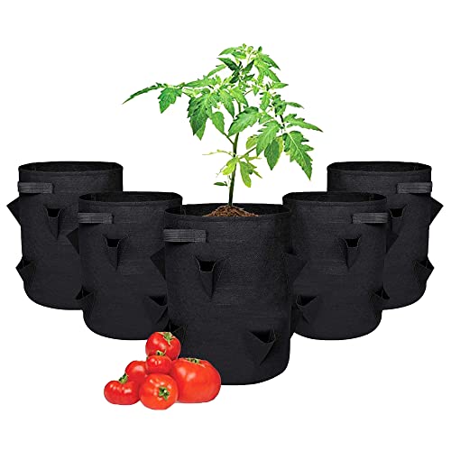 LOOT FAIRY Plant Grow Bags, Pack of 5 Heavy Duty 10-Gallon Grow Bags Plant Pots for Indoor and Outdoor Use, Fabric Gardening Bags for Tomatoes, Potato, Carrot and More