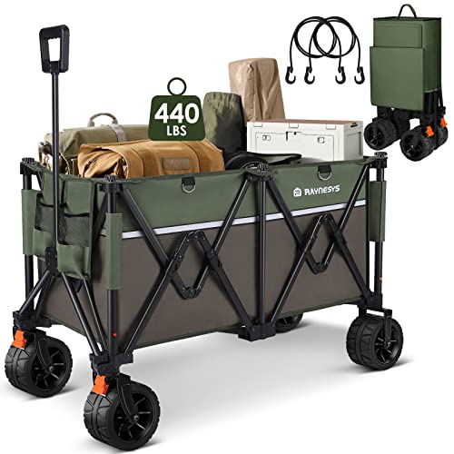 Raynesys Wagons Carts 440 lbs Heavy Duty Foldable Beach Cart with Big Wheel for Sand, Collapsible Wagon with 200L Capacity for Camping, Sports, Shopping, Army Green+Brown