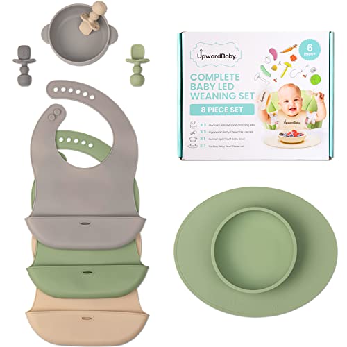 UpwardBaby Led Weaning Supplies - Suction Plates for Baby - Spoons Self Feeding 6 months Suction Bowls Silicone Plates - Toddler Plates Bowls Self Eating - Infant First Stage BLW Utensils 6-12 Months