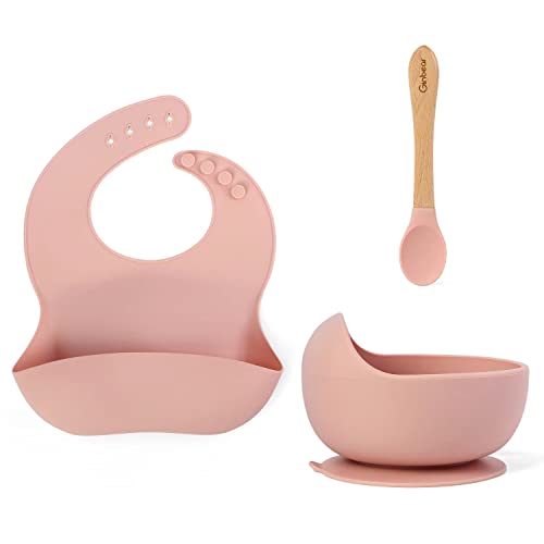 Ginbear Baby Bowls with Suction First Stage, Silicone Bibs, Baby Feeding Spoons, Baby Led Weaning Supplies for Ages 6 Months+ (Baby Pink)