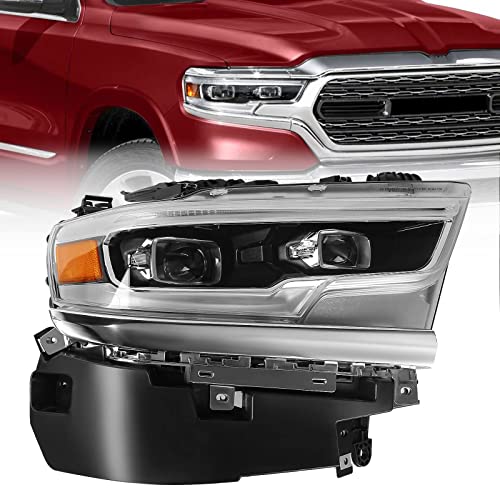 FIONE for Dodge Ram 1500 LED Headlight Assembly 2019 2020 2021 2022 Black Cover With Condenser Lens OE Style Headlamp Assemblies for 5th ASV Ram AFS Right Passenger Side 68316084AD CH2503321 RT