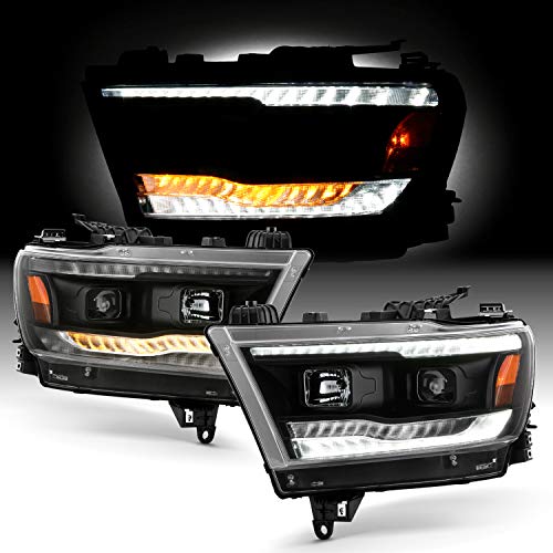 AKKON - Fits 2019-2022 RAM 1500 [Halogen Type] Projector Black Headlight w/LED Running Lamp + Sequential Signal Pair Left+Right