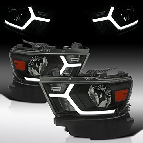 Autozensation Compatible with 2019-2021 Dodge Ram 1500, Black Housing Clear Lens Headlights w/Dynamic LED Strip Tube, Left + Right Pair Headlamps Assembly