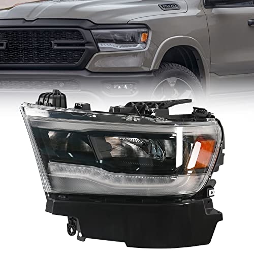 FIONE LED Headlight Assembly for Dodge Ram 1500 2019-2022 Black Cover Left Driver Side Headlamps 68533273AA CH2502332