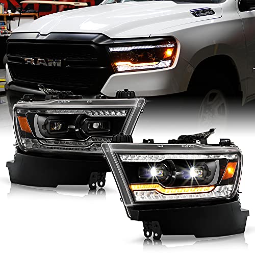 ACANII - For [Halogen Type] 2019-2022 Ram 1500 Black LED Tube Sequential Signal LED Dual Projector Headlights Headlamps