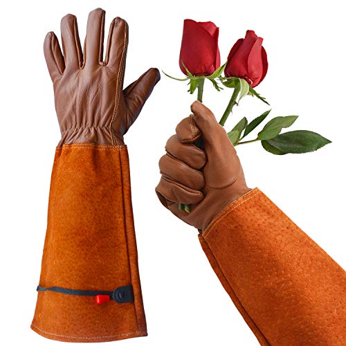 GLOSAV Gardening Gloves, Professional Puncture Proof Gloves for Rose Pruning & Cactus Trimming, Long Leather Garden Gloves Gifts for Women & Men- Full Grain Pigskin (Thorn Proof) (Large, Brown)