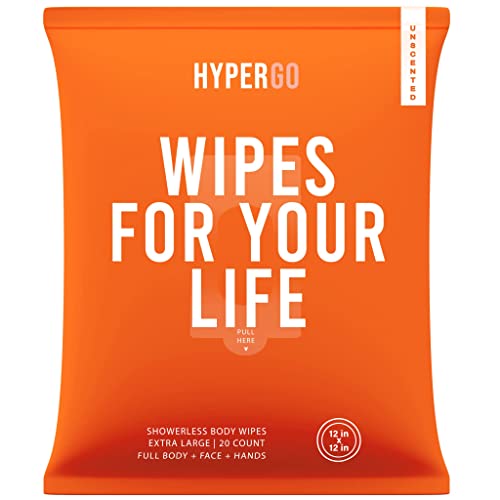 HyperGo Full-Body Rinse-Free Hypoallergenic Biodegradable Bathing Wipes All Natural, Refreshing Anytime Anywhere, Post Workout, Camping, Travel, Daily Life, 12x12 X-Large 20-count, Unscented 1 Pack