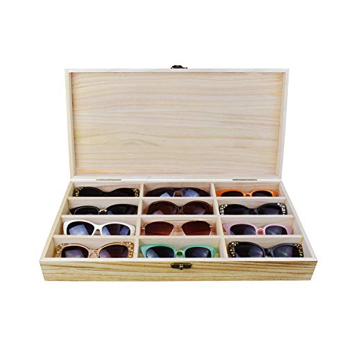 Ikee Design Wooden Eyewear Glass Display Case Tray 12 Compartments Sunglasses Organizers and Storage Box With Lid Eye-wear Display Glasses Case with Engraving Design,19.5" W x 10" D x 3.13" H