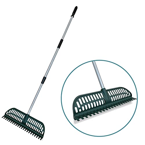 ORIENTOOLS 2 in 1 Turf Rake, Artificial Grass Rake Plastic Head with PA Brush and Strong Tines, Multifunction Carpet Rake with Telescopic Steel Handle, Garden Lawn Leaf Pet Hair Remove 49 to 63 Inches