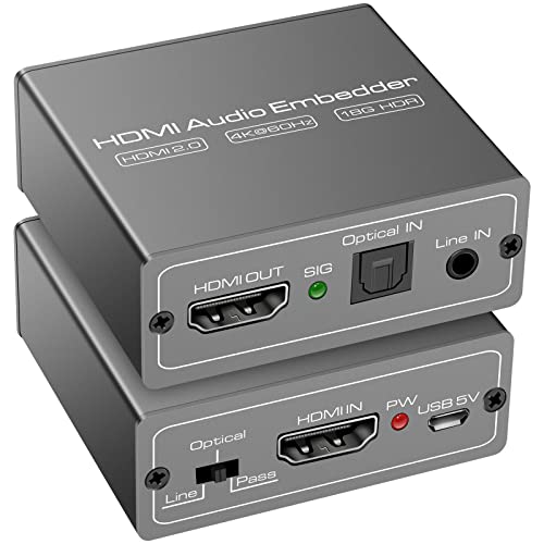 HDMI Audio Embedder Inserter Digital Analog Audio + DVI to HDMI Support TOSLINK Optical 3.5mm Jack AUX Audio Input 4K60Hz 18Gbps HDR CEC HDCP2.2