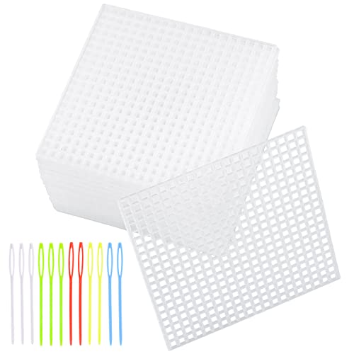 WXJ13 40 Pieces Plastic Mesh Canvas Sheets, 7 Count Clear Plastic Canvas Sheets with 12 Pieces Sewing Needles for Embroidery, Knit and Crochet Projects (3.2 x 3.2 Inch)